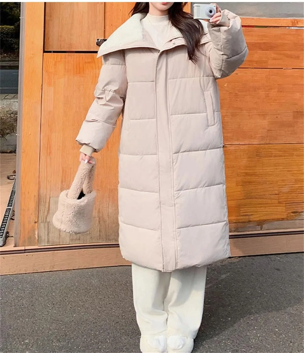 Women Zipper Button Over The Knee Parka Coat Classic Plush Lapel Long Cotton-Padded Jacket