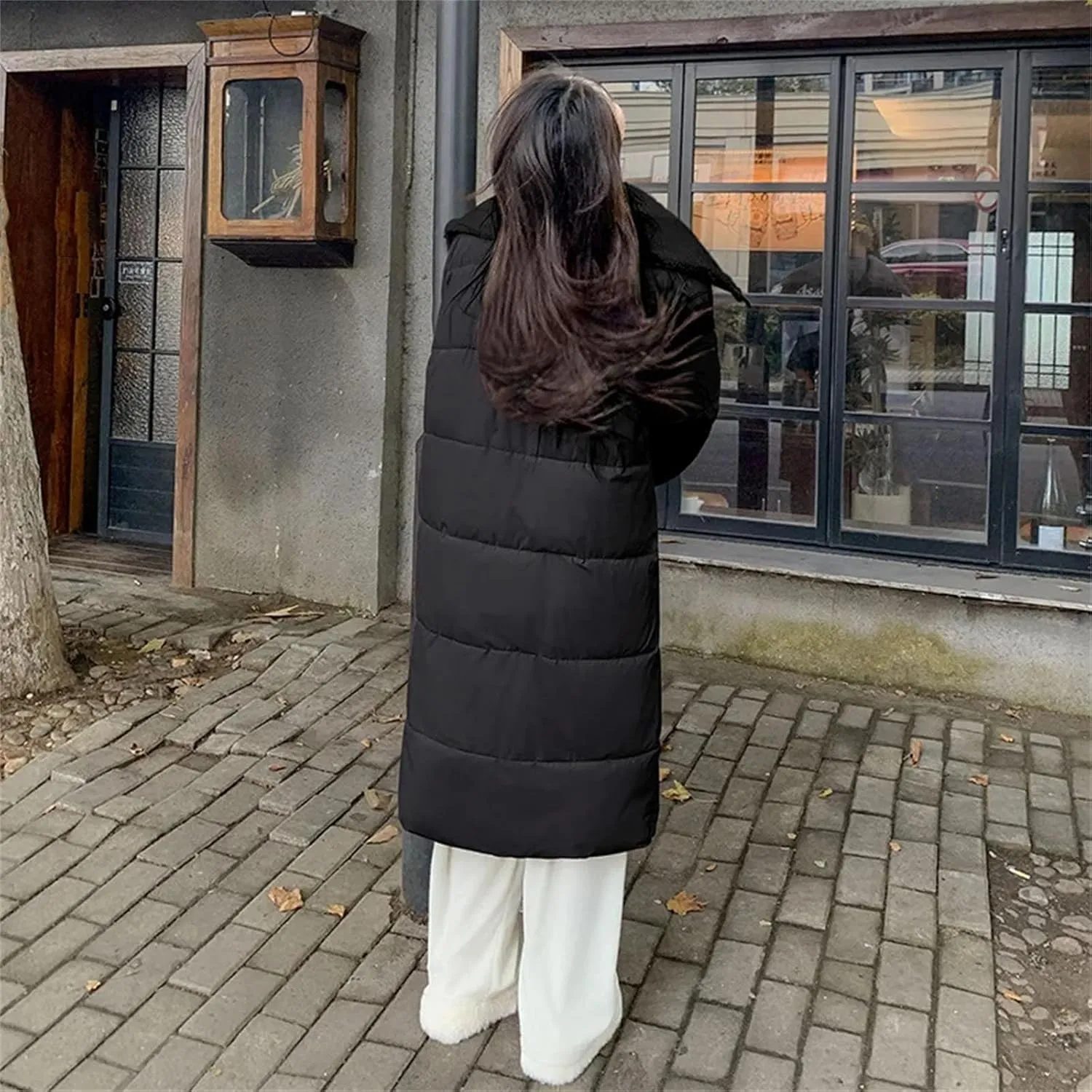 Women Zipper Button Over The Knee Parka Coat Classic Plush Lapel Long Cotton-Padded Jacket