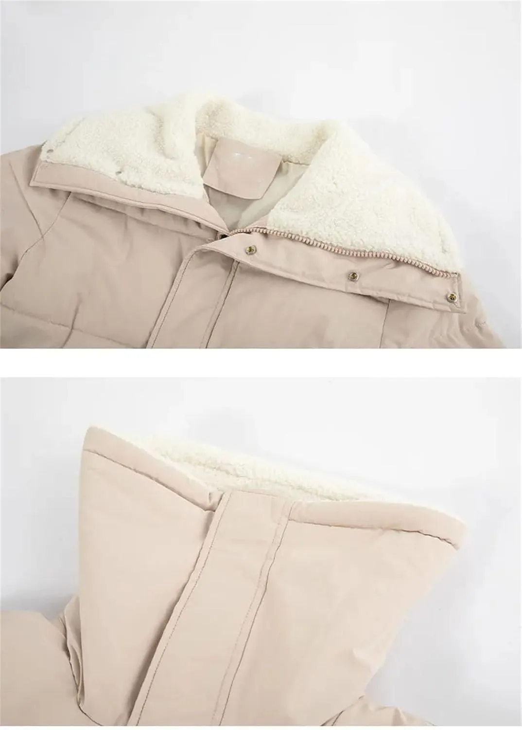 Women Zipper Button Over The Knee Parka Coat Classic Plush Lapel Long Cotton-Padded Jacket