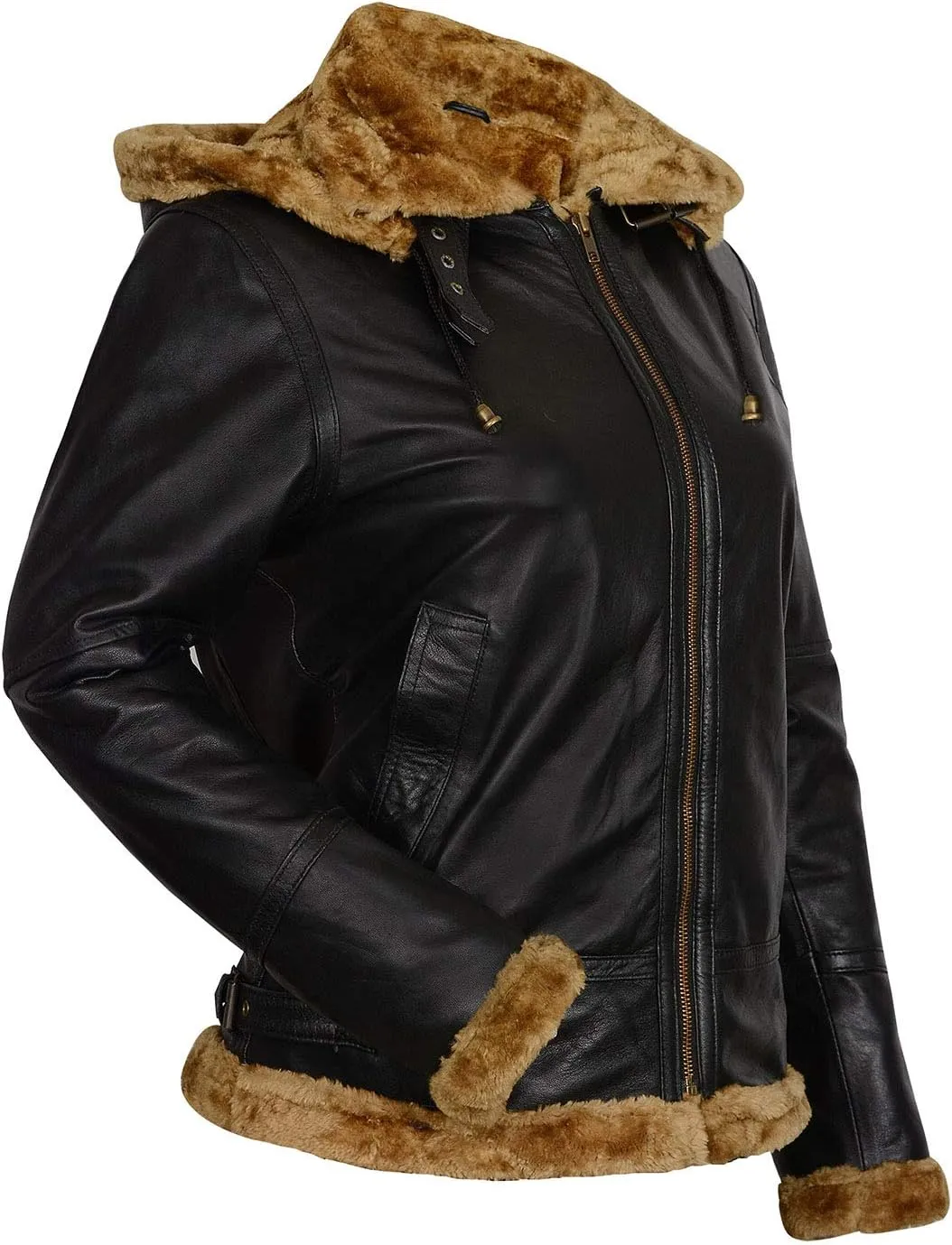 Women,s B3 Shearling Bomber Jacket - Real Sheepskin Brown Leather Aviator Pilot Jacket, Winter Removable Hoodie