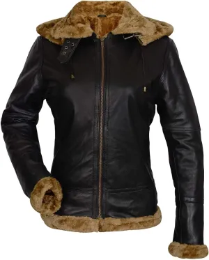 Women,s B3 Shearling Bomber Jacket - Real Sheepskin Brown Leather Aviator Pilot Jacket, Winter Removable Hoodie
