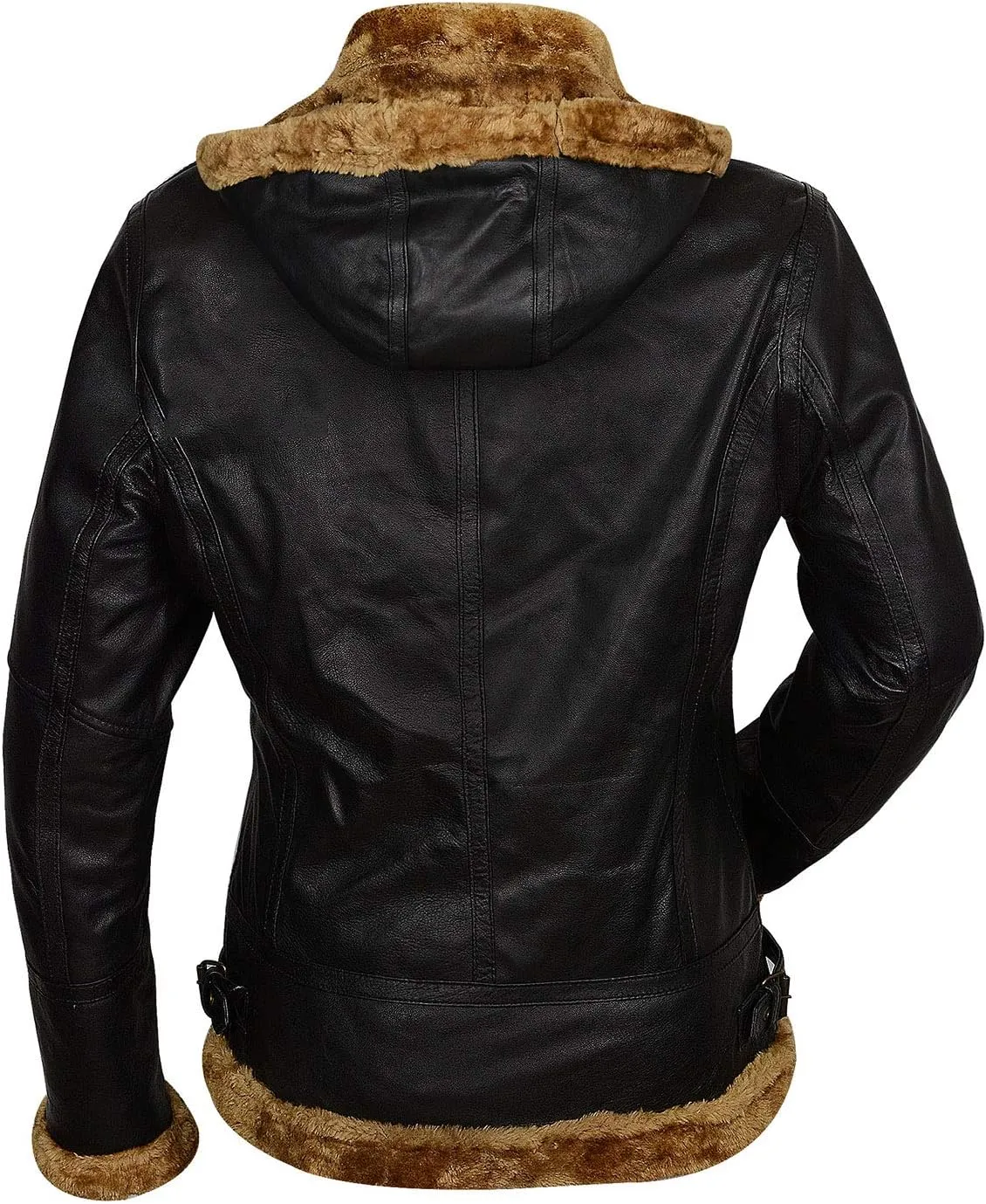 Women,s B3 Shearling Bomber Jacket - Real Sheepskin Brown Leather Aviator Pilot Jacket, Winter Removable Hoodie