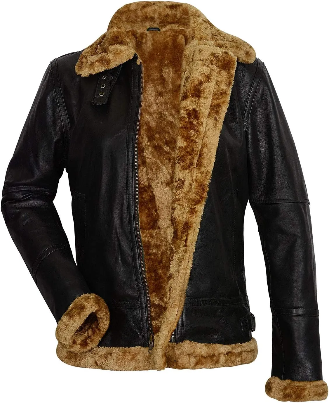 Women,s B3 Shearling Bomber Jacket - Real Sheepskin Brown Leather Aviator Pilot Jacket, Winter Removable Hoodie
