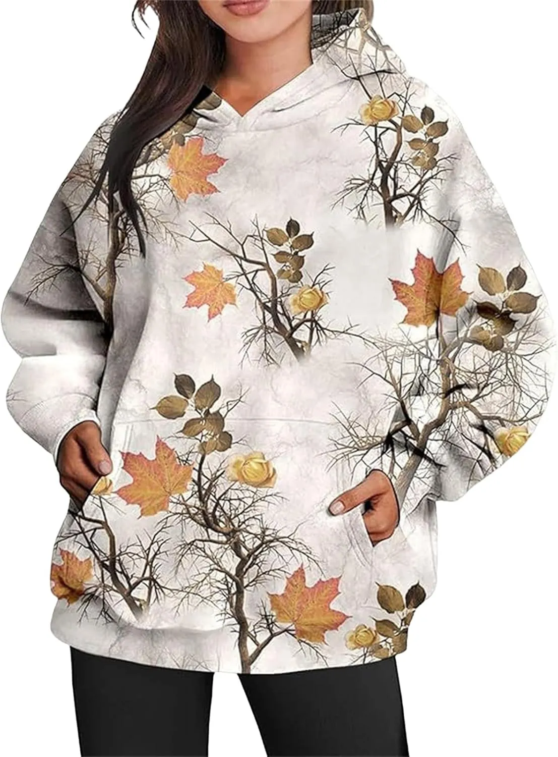 Womens Camo Hoodies Oversized Maple Leaf Print Sweatshirts Fleece Casual Long Sleeve Pullover Sweaters with Pockets