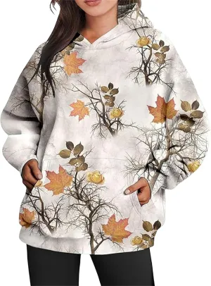 Womens Camo Hoodies Oversized Maple Leaf Print Sweatshirts Fleece Casual Long Sleeve Pullover Sweaters with Pockets