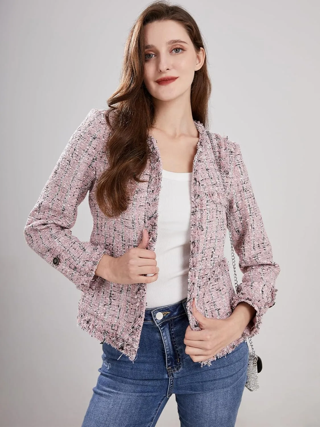 Women's Collarless Plaid Tweed Blazer Elegant Open Front Fringed Casual Business Glitter Jacket