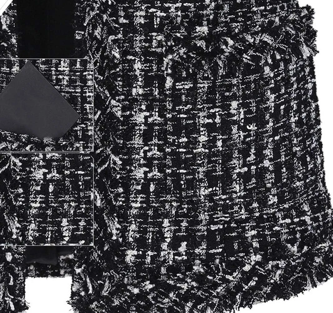 Women's Collarless Plaid Tweed Blazer Elegant Open Front Fringed Casual Business Glitter Jacket