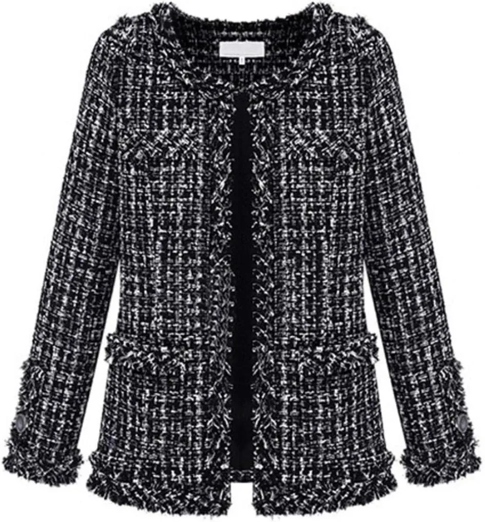 Women's Collarless Plaid Tweed Blazer Elegant Open Front Fringed Casual Business Glitter Jacket