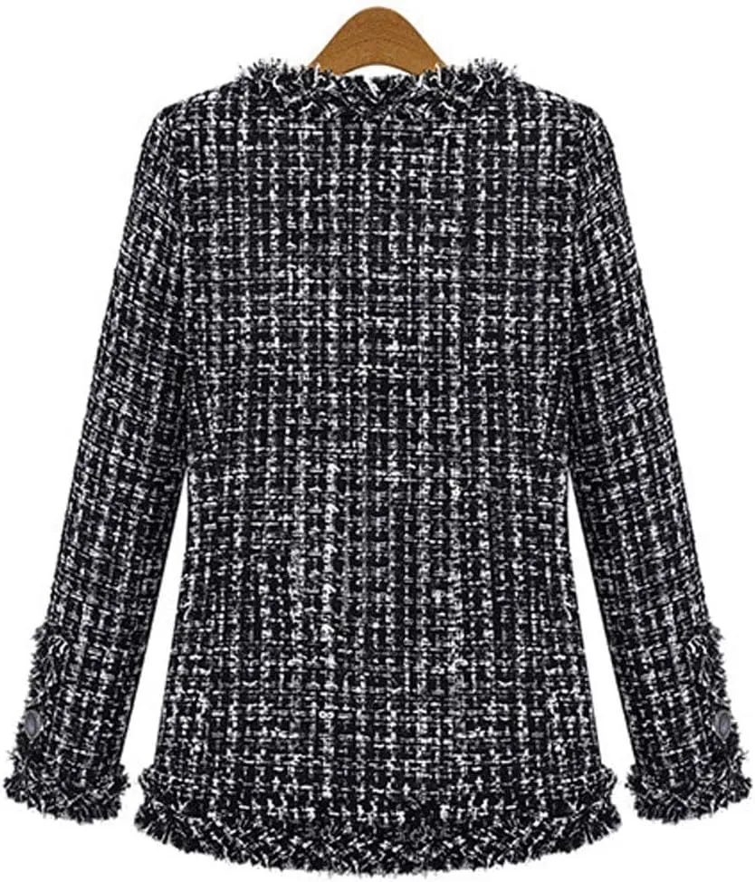 Women's Collarless Plaid Tweed Blazer Elegant Open Front Fringed Casual Business Glitter Jacket