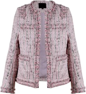 Women's Collarless Plaid Tweed Blazer Elegant Open Front Fringed Casual Business Glitter Jacket