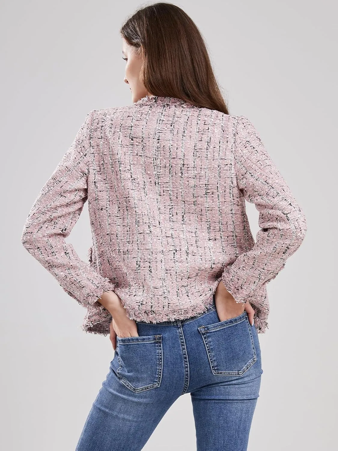 Women's Collarless Plaid Tweed Blazer Elegant Open Front Fringed Casual Business Glitter Jacket