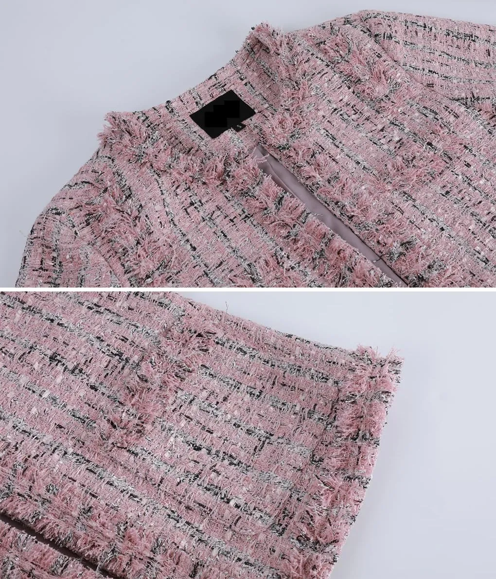 Women's Collarless Plaid Tweed Blazer Elegant Open Front Fringed Casual Business Glitter Jacket