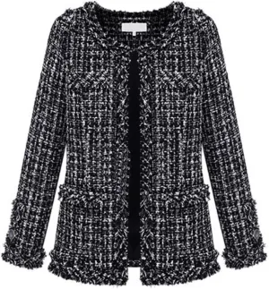 Women's Collarless Plaid Tweed Blazer Elegant Open Front Fringed Casual Business Glitter Jacket