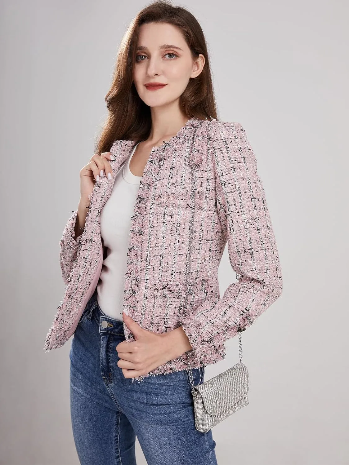 Women's Collarless Plaid Tweed Blazer Elegant Open Front Fringed Casual Business Glitter Jacket