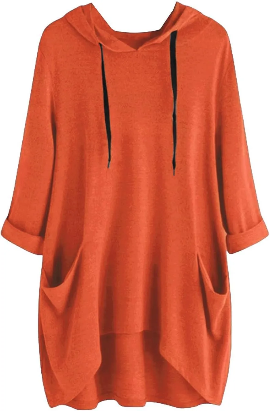 Women's Fashion Long Sleeve Hoodies Solid Color Sweatshirt Hooded Drawstring Pullover Top with Pocket Loose Clothes