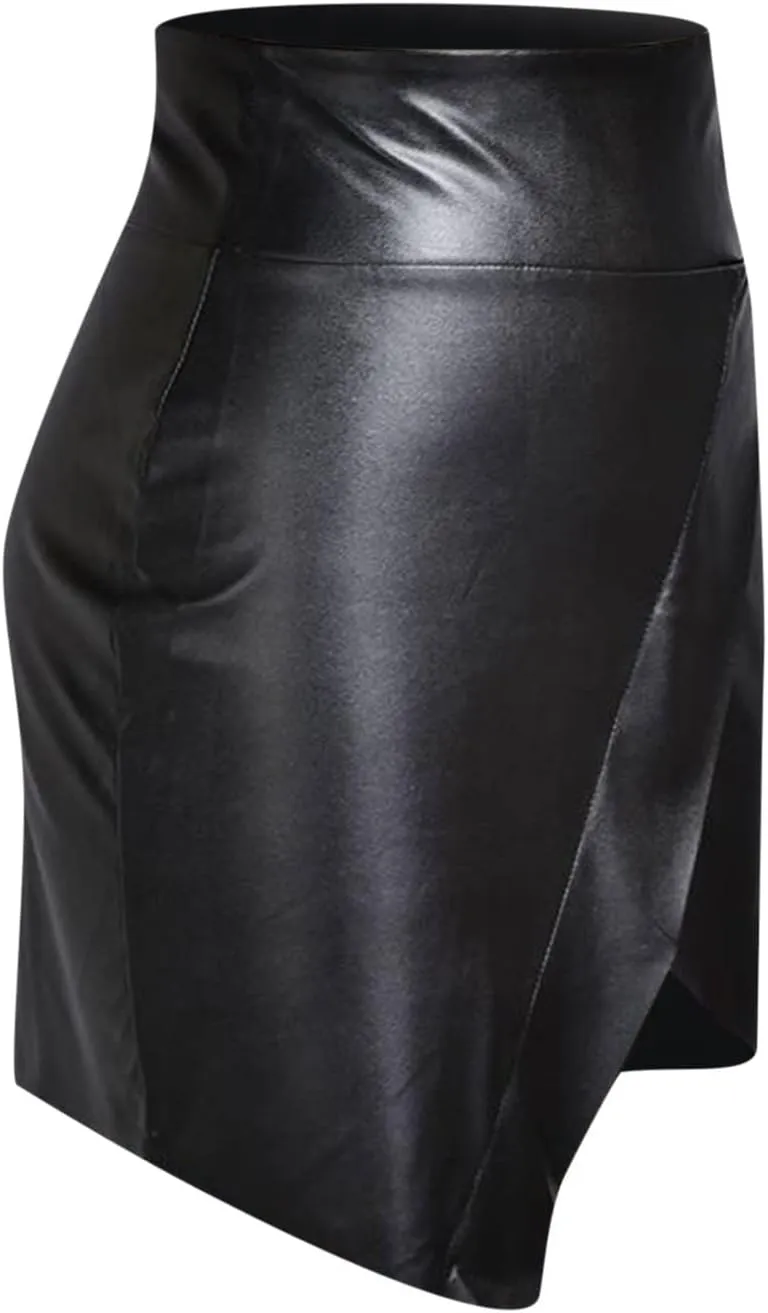 Women's Faux Leather Bodycon Mini Pencil Skirt Basic High Waist A-line Short Skirt Asymmetrical Hem Slim Wrap Skirt