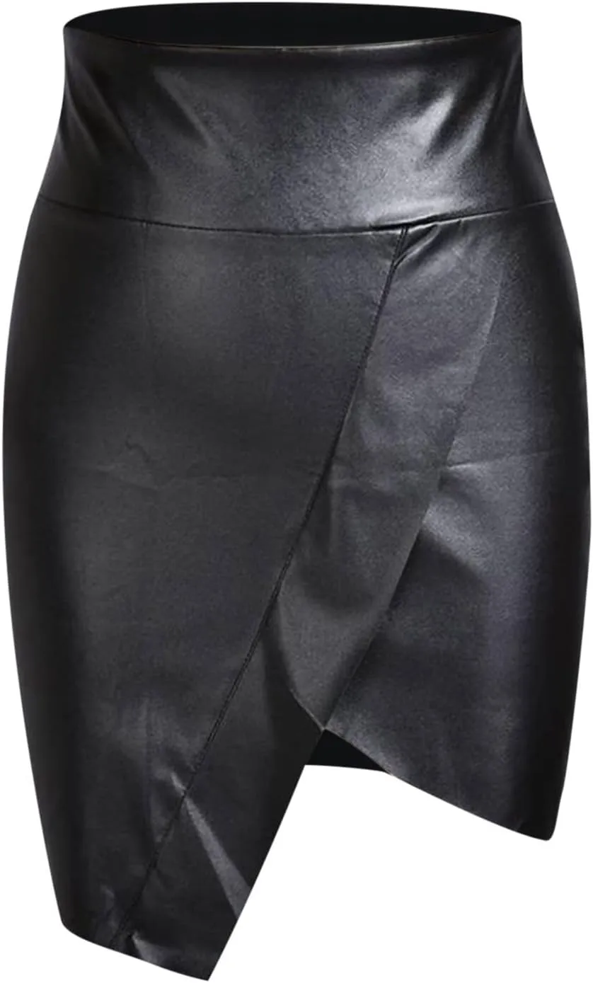 Women's Faux Leather Bodycon Mini Pencil Skirt Basic High Waist A-line Short Skirt Asymmetrical Hem Slim Wrap Skirt