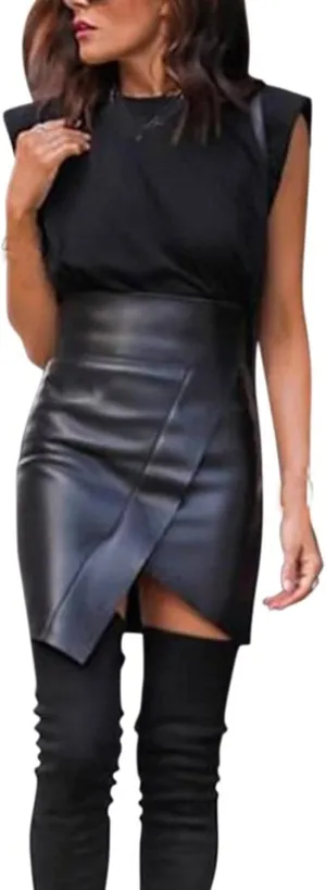 Women's Faux Leather Bodycon Mini Pencil Skirt Basic High Waist A-line Short Skirt Asymmetrical Hem Slim Wrap Skirt