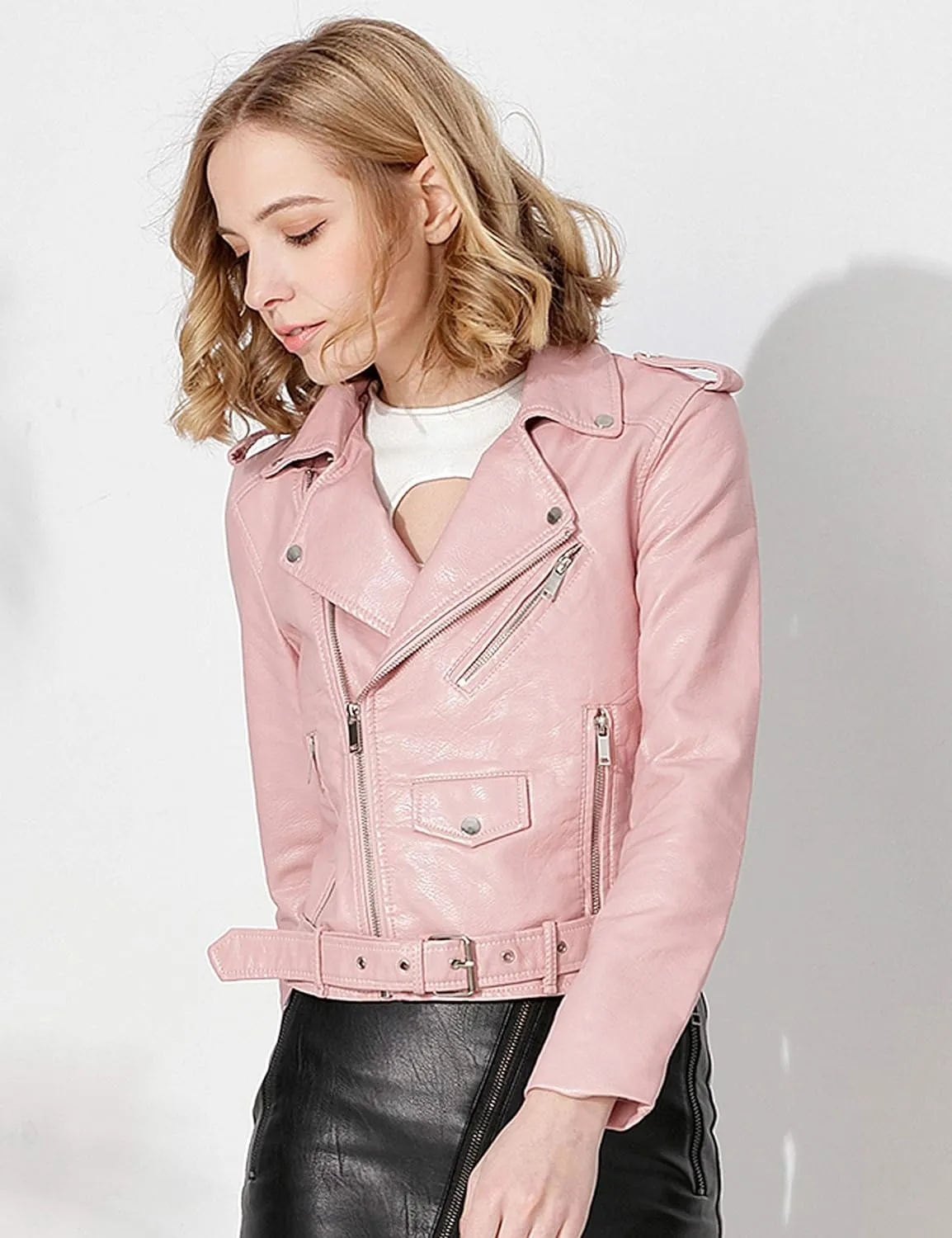 Women's Faux Leather Textured Short Moto Jacket Zip-up Slim PU Biker Coat with Pockets