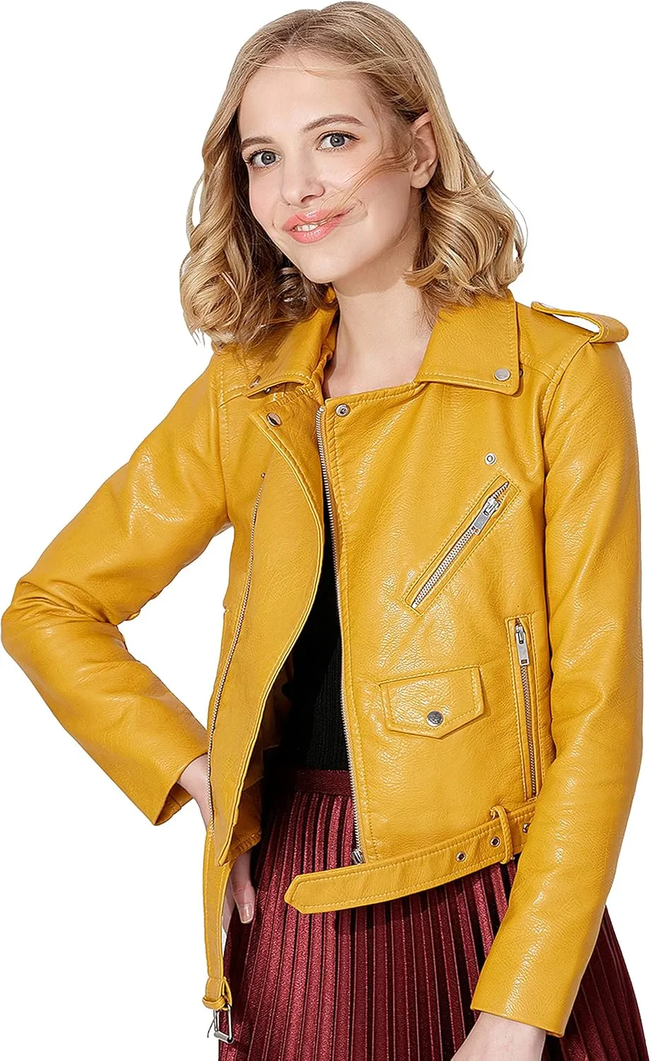 Women's Faux Leather Textured Short Moto Jacket Zip-up Slim PU Biker Coat with Pockets