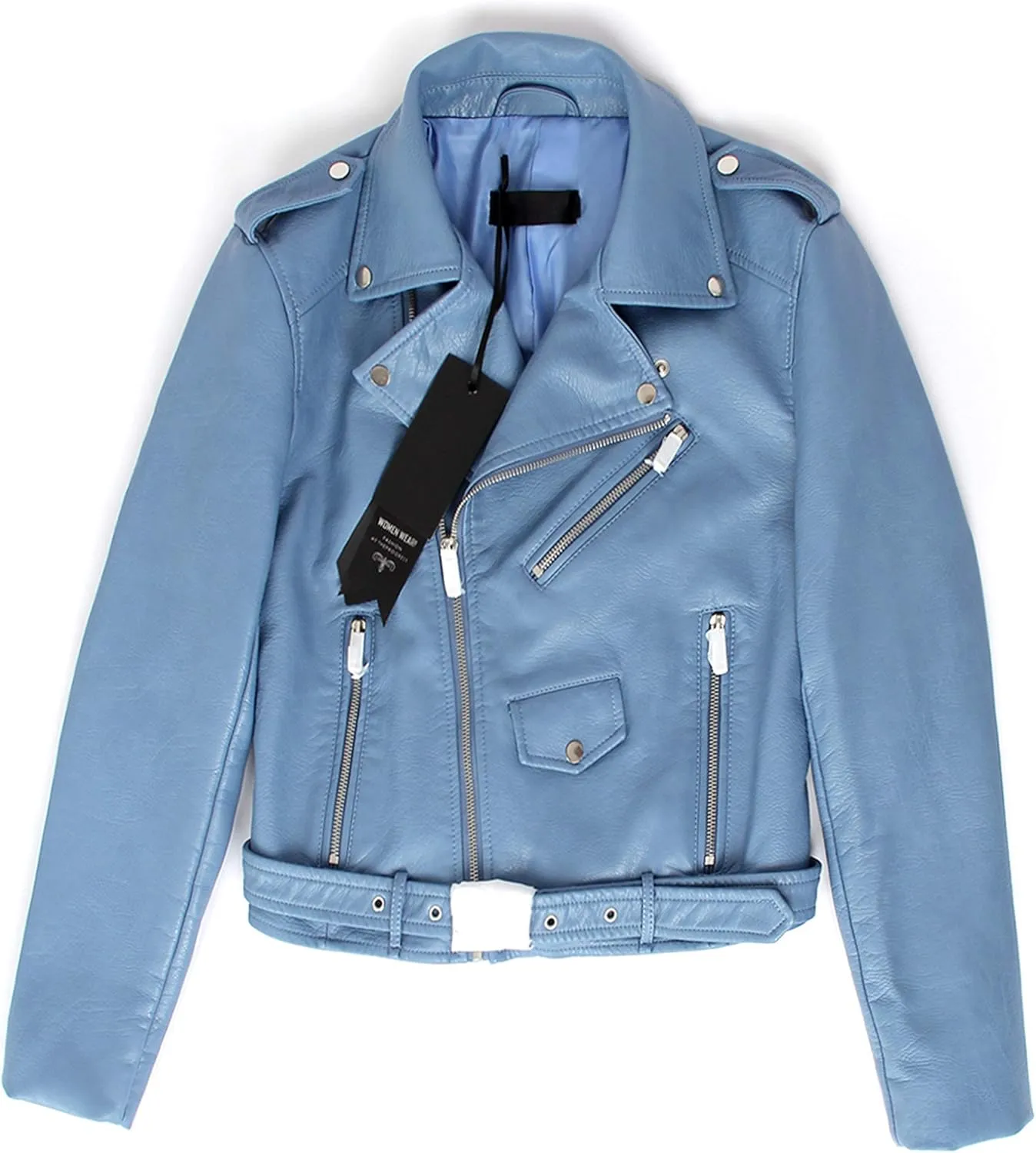 Women's Faux Leather Textured Short Moto Jacket Zip-up Slim PU Biker Coat with Pockets