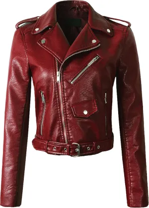 Women's Faux Leather Textured Short Moto Jacket Zip-up Slim PU Biker Coat with Pockets
