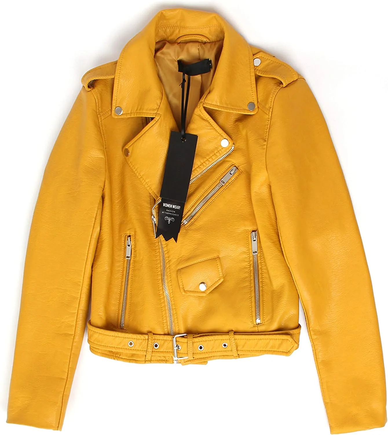 Women's Faux Leather Textured Short Moto Jacket Zip-up Slim PU Biker Coat with Pockets