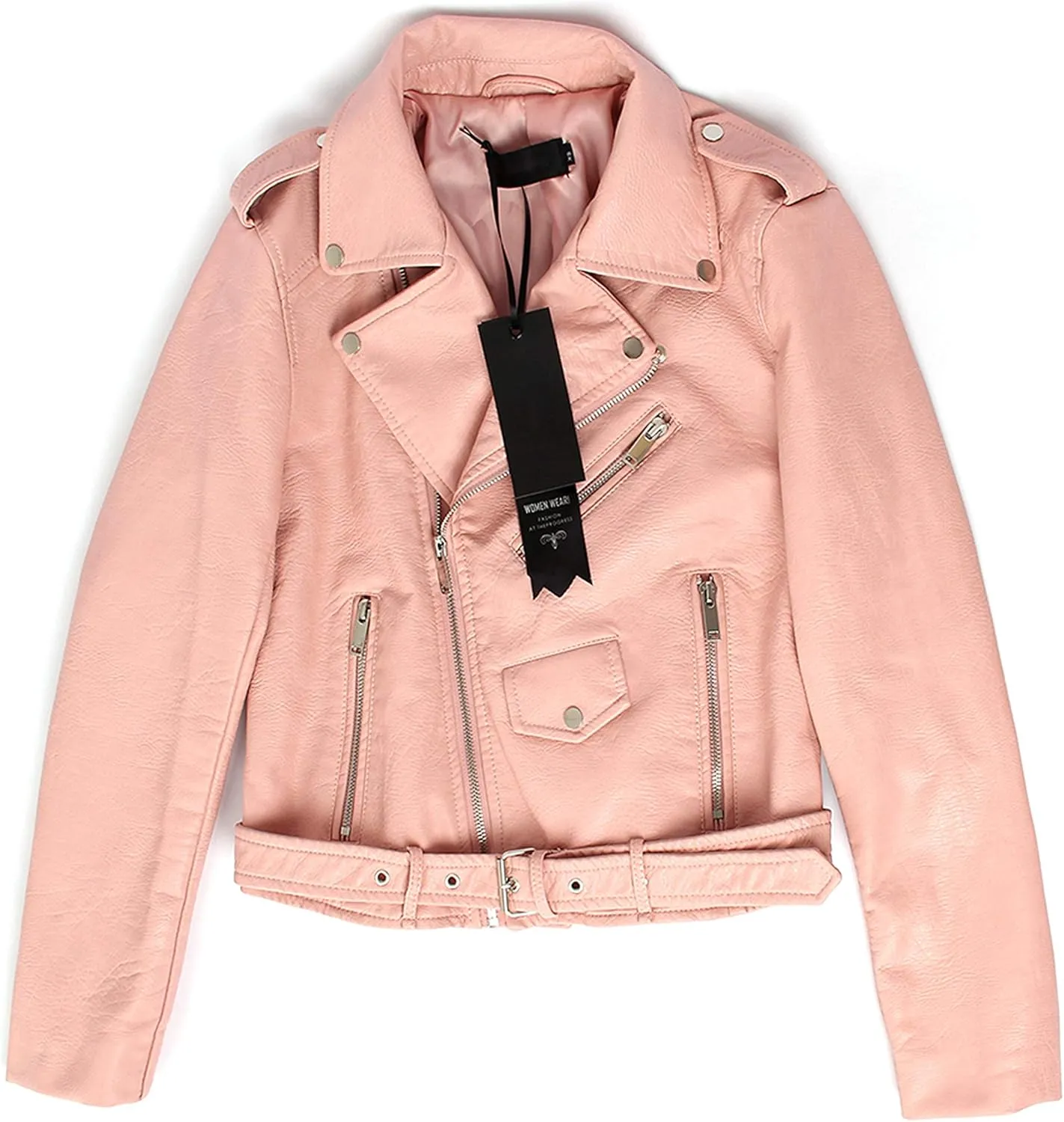 Women's Faux Leather Textured Short Moto Jacket Zip-up Slim PU Biker Coat with Pockets