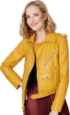 Women's Faux Leather Textured Short Moto Jacket Zip-up Slim PU Biker Coat with Pockets