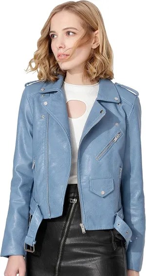 Women's Faux Leather Textured Short Moto Jacket Zip-up Slim PU Biker Coat with Pockets