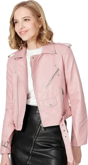 Women's Faux Leather Textured Short Moto Jacket Zip-up Slim PU Biker Coat with Pockets