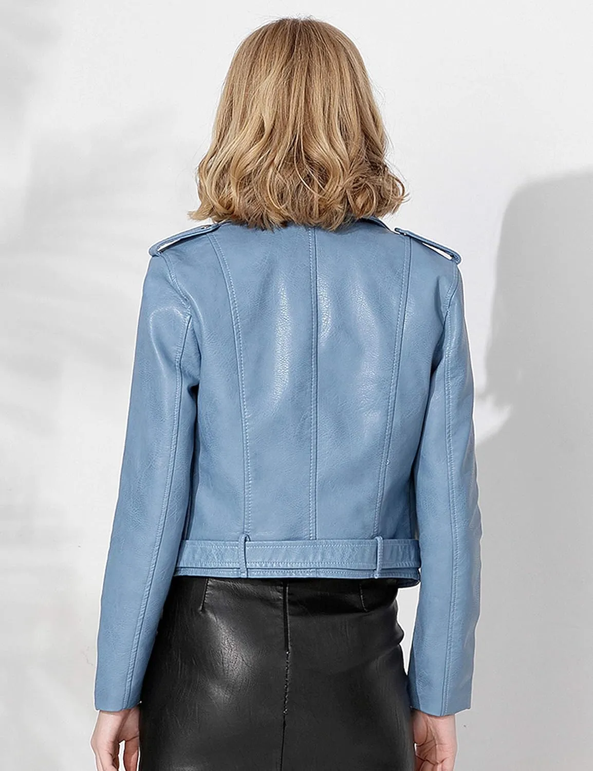 Women's Faux Leather Textured Short Moto Jacket Zip-up Slim PU Biker Coat with Pockets