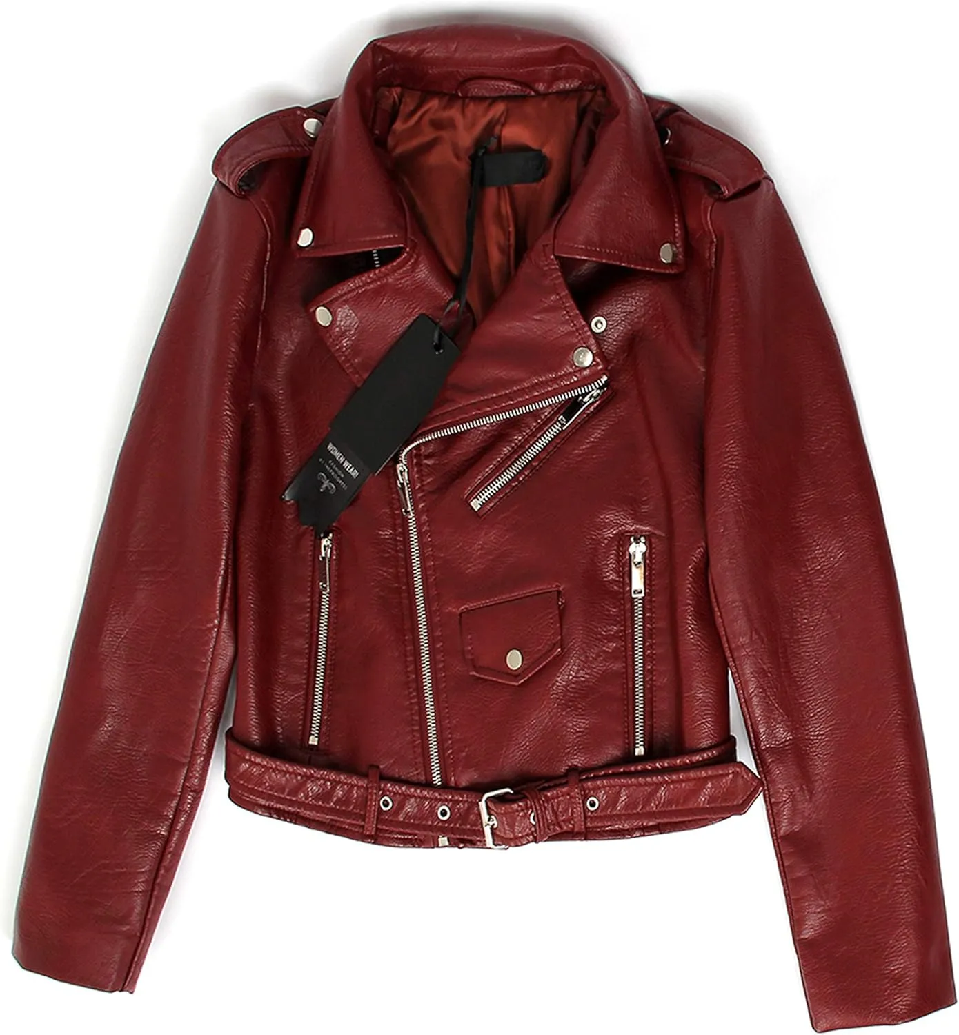 Women's Faux Leather Textured Short Moto Jacket Zip-up Slim PU Biker Coat with Pockets