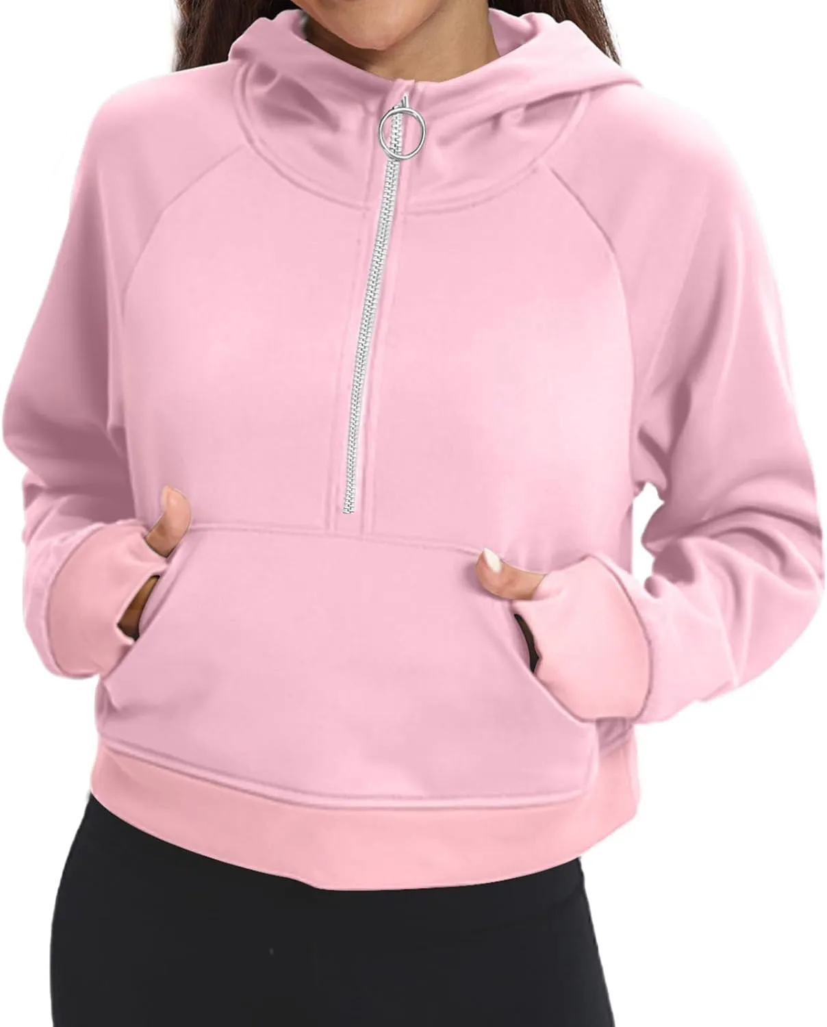 Womens Half Zip Hoodies Quarter Zipper Up Cropped Sweatshirt Long Sleeve Athletic Pullover Tops with Thumb Hole