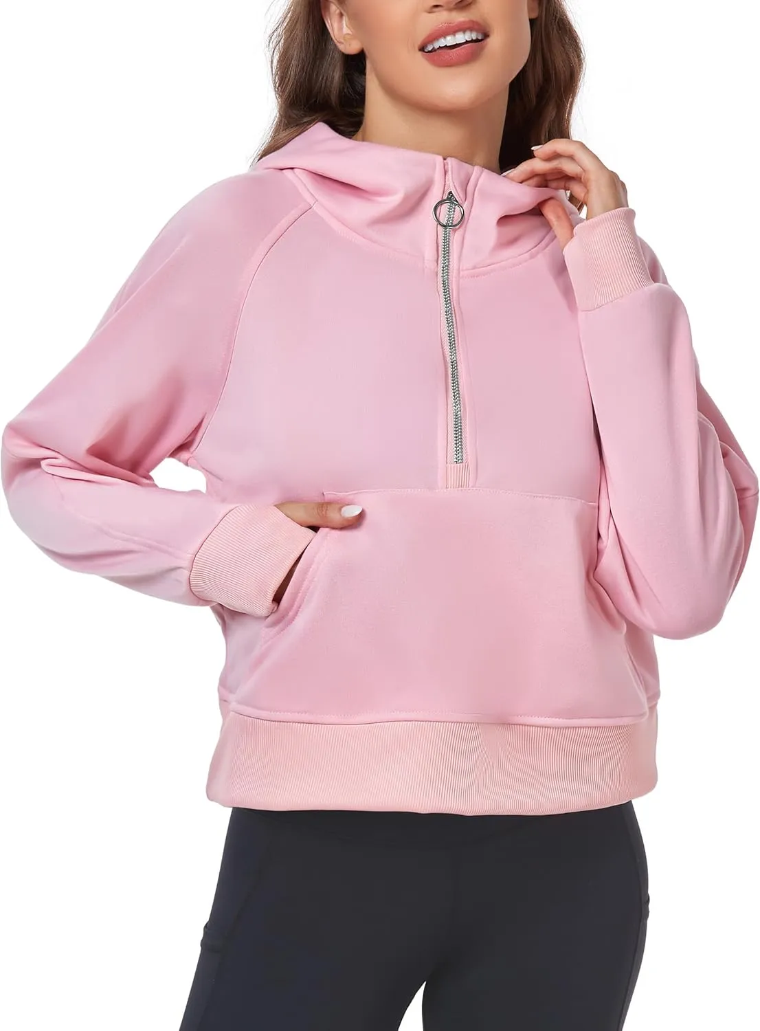 Womens Half Zip Hoodies Quarter Zipper Up Cropped Sweatshirt Long Sleeve Athletic Pullover Tops with Thumb Hole