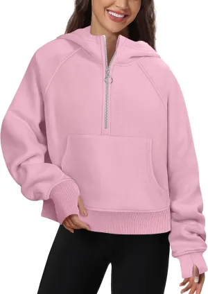 Womens Half Zip Hoodies Quarter Zipper Up Cropped Sweatshirt Long Sleeve Athletic Pullover Tops with Thumb Hole