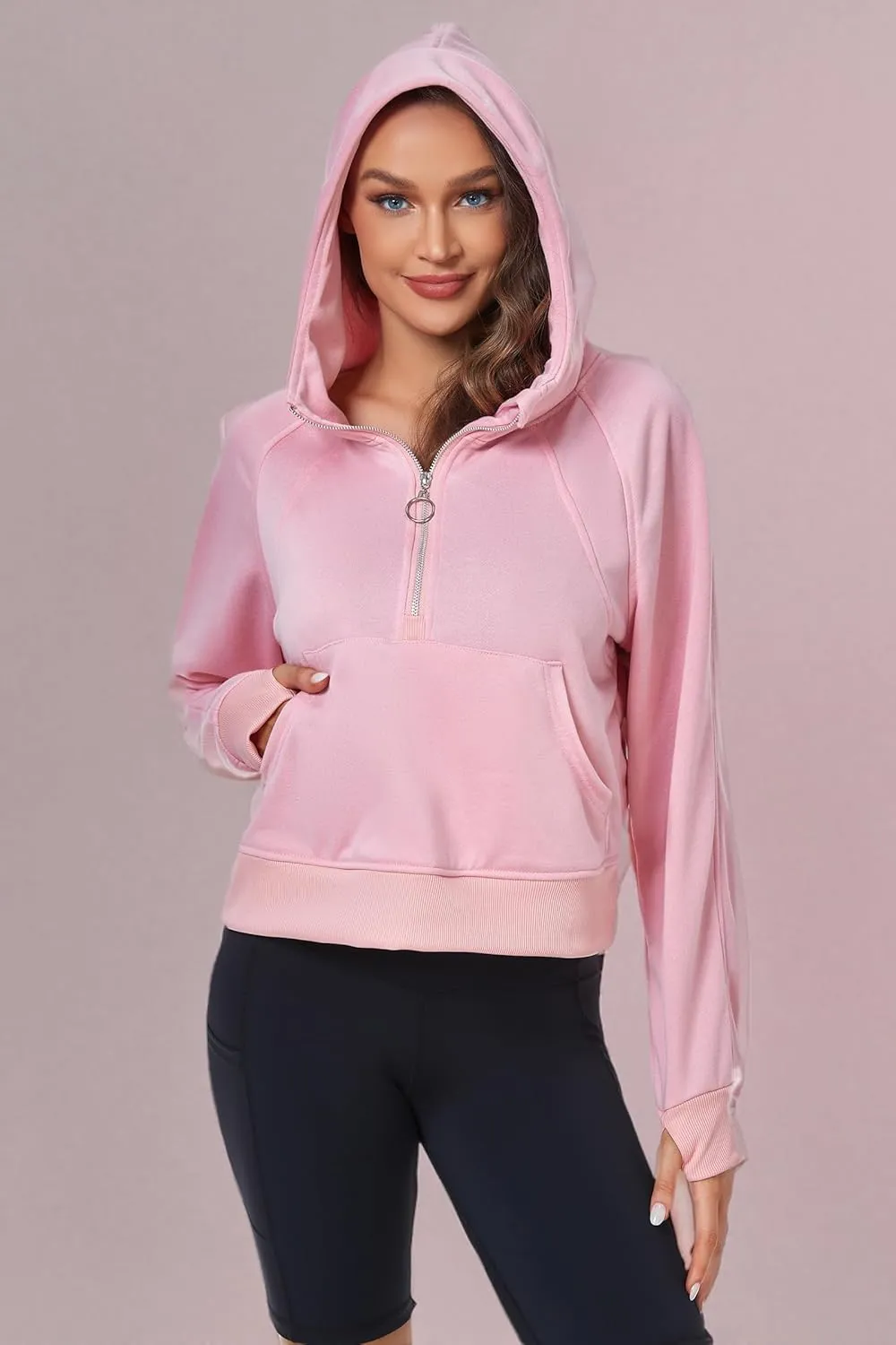 Womens Half Zip Hoodies Quarter Zipper Up Cropped Sweatshirt Long Sleeve Athletic Pullover Tops with Thumb Hole