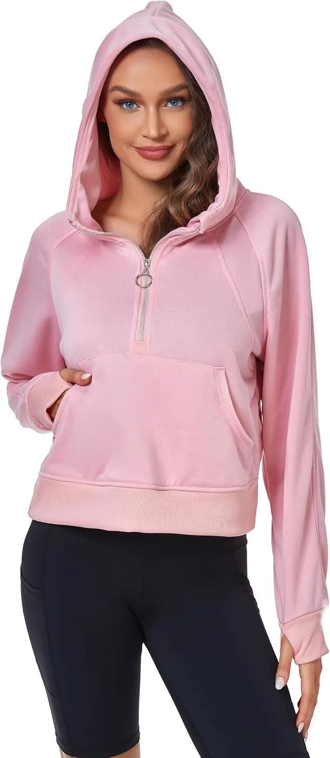 Womens Half Zip Hoodies Quarter Zipper Up Cropped Sweatshirt Long Sleeve Athletic Pullover Tops with Thumb Hole