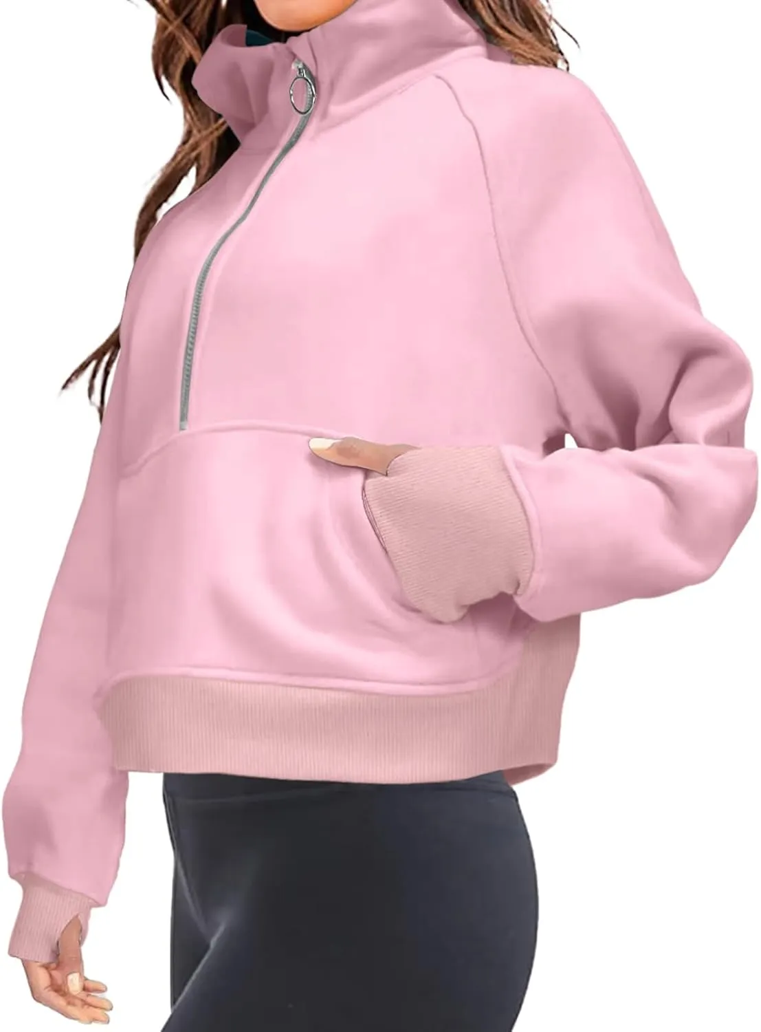 Womens Half Zip Hoodies Quarter Zipper Up Cropped Sweatshirt Long Sleeve Athletic Pullover Tops with Thumb Hole