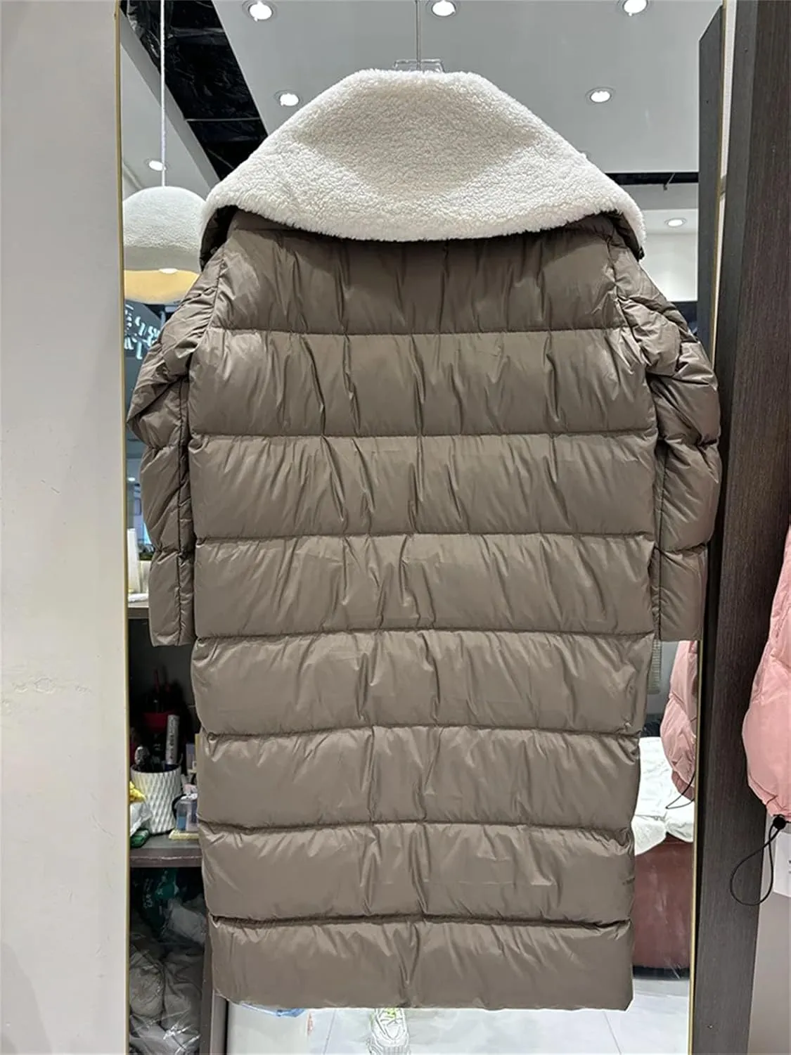 Women's Loose Plush Large Lapel Parka Coat Classic Solid Stripe Zipper Cotton-Padded Jacket