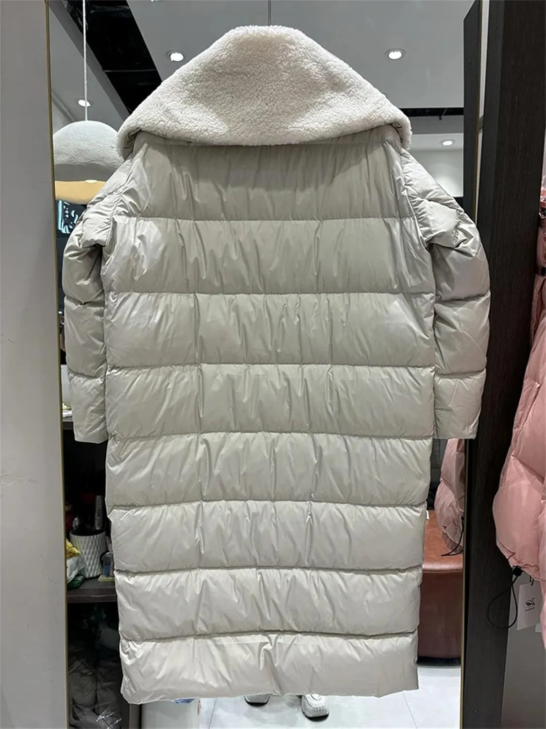 Women's Loose Plush Large Lapel Parka Coat Classic Solid Stripe Zipper Cotton-Padded Jacket