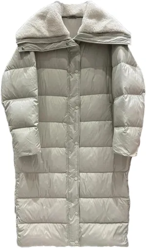 Women's Loose Plush Large Lapel Parka Coat Classic Solid Stripe Zipper Cotton-Padded Jacket