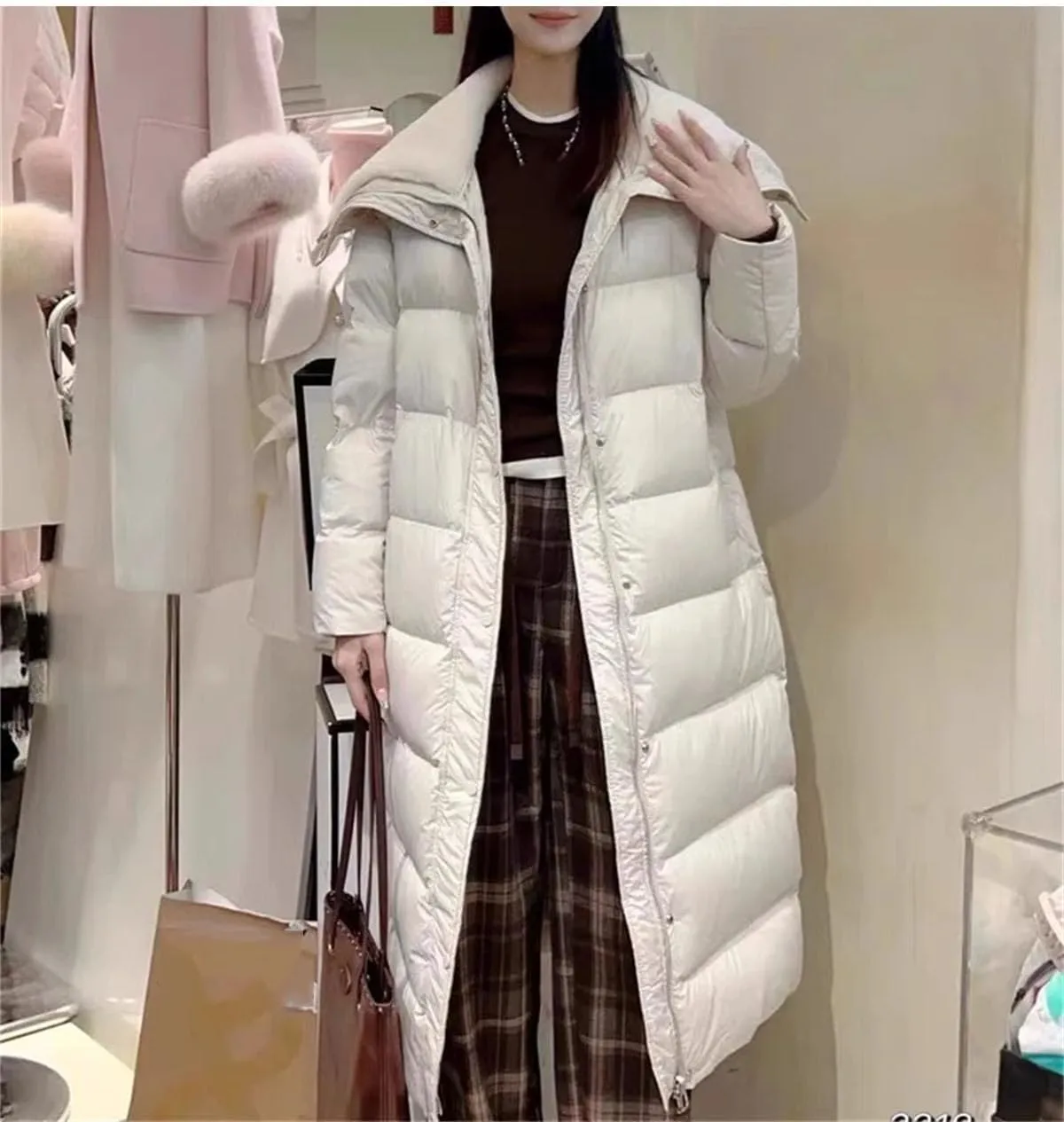 Women's Loose Plush Large Lapel Parka Coat Classic Solid Stripe Zipper Cotton-Padded Jacket