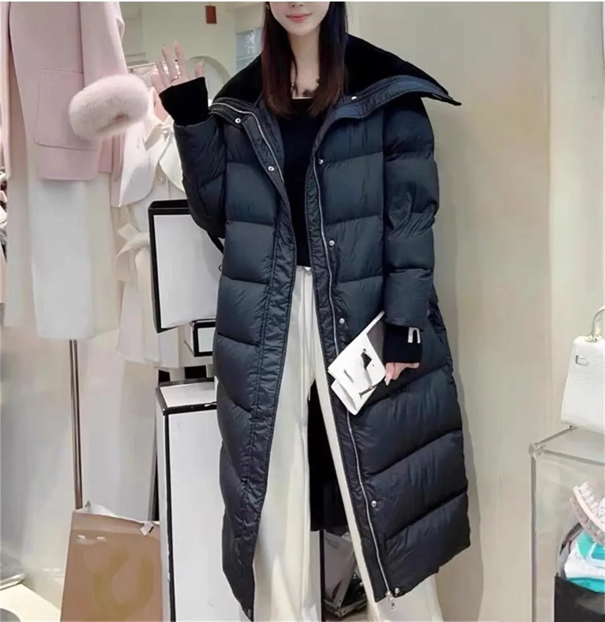 Women's Loose Plush Large Lapel Parka Coat Classic Solid Stripe Zipper Cotton-Padded Jacket