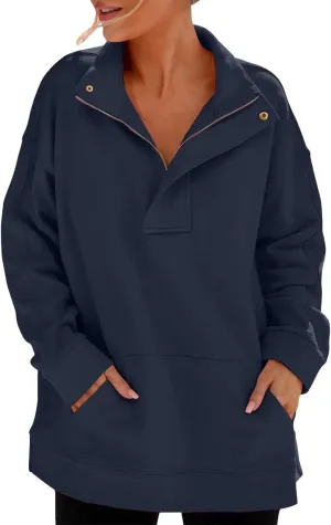Women's Oversized Quarter Zip Sweatshirts Casual Sports Half-zip Long Sleeve Pullover Tops Solid Color Sweatshirt