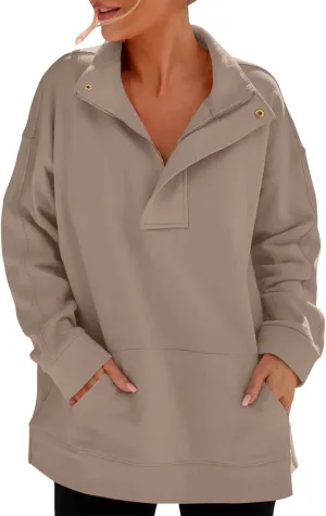 Women's Oversized Quarter Zip Sweatshirts Casual Sports Half-zip Long Sleeve Pullover Tops Solid Color Sweatshirt
