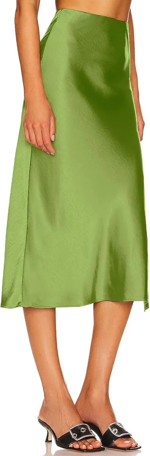 Womens Satin Silk High Waist Slit Midi Skirt Elastic Waistband Midi Skirts for Women