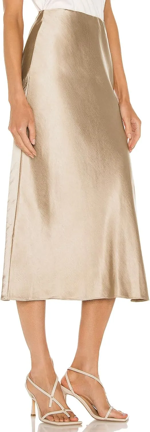Womens Satin Silk High Waist Slit Midi Skirt Elastic Waistband Midi Skirts for Women