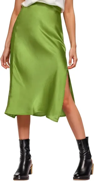 Womens Satin Silk High Waist Slit Midi Skirt Elastic Waistband Midi Skirts for Women