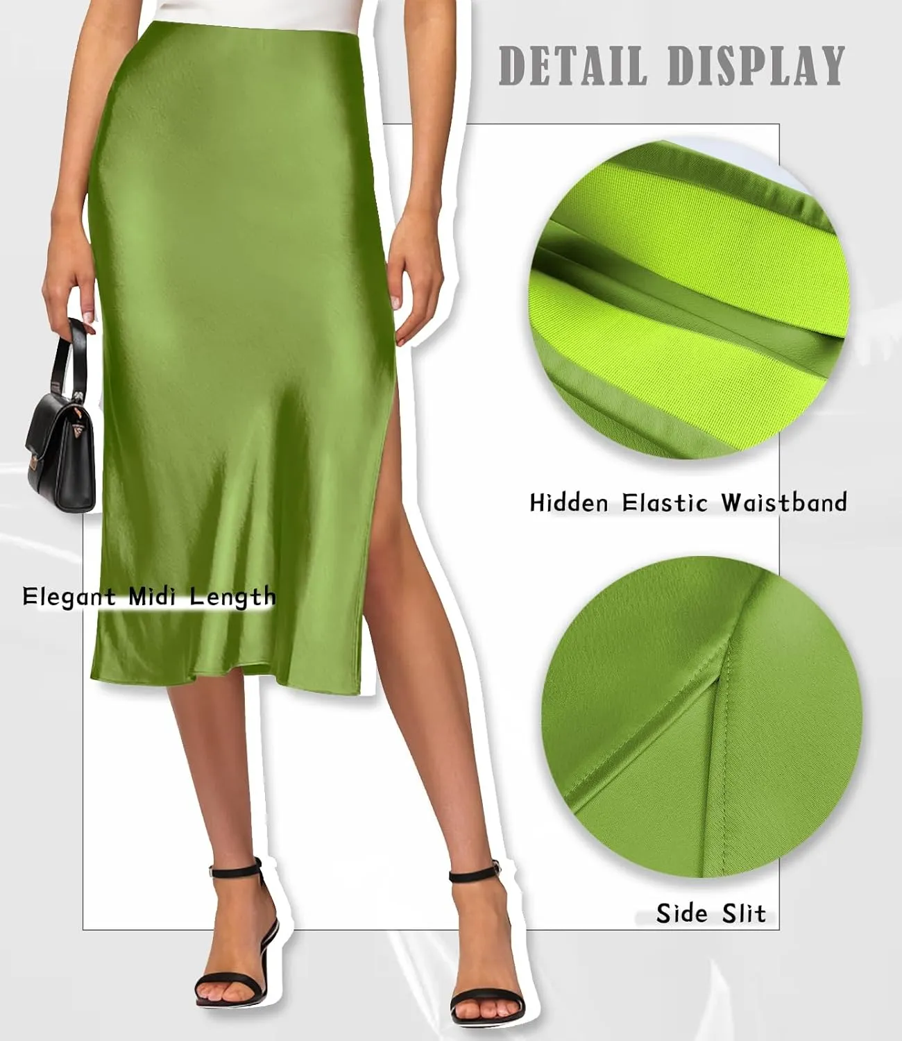 Womens Satin Silk High Waist Slit Midi Skirt Elastic Waistband Midi Skirts for Women